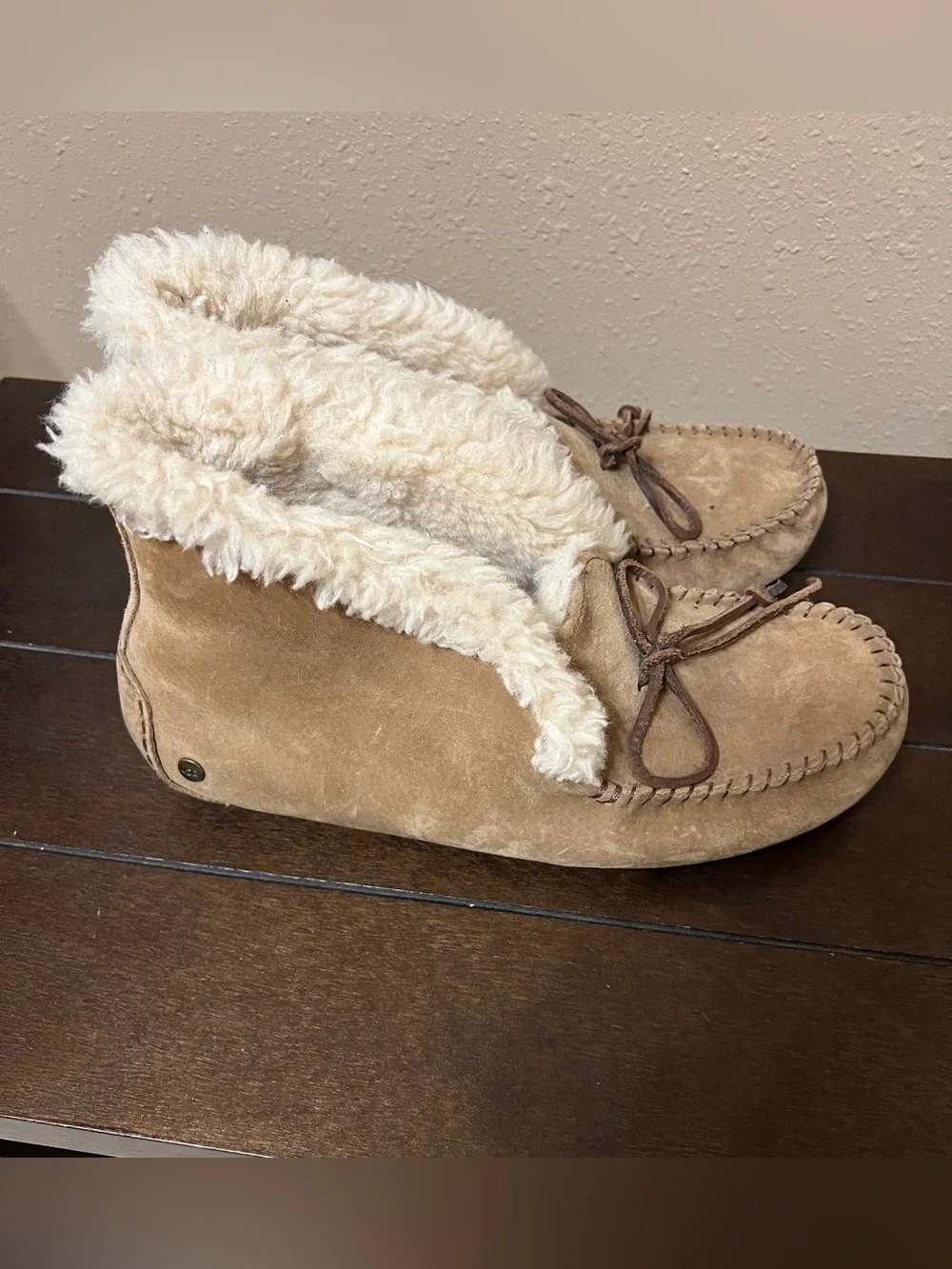 UGG Chestnut/Tan Suede Moccasin Slippers with Cream Shearling - Picture 2 of 7
